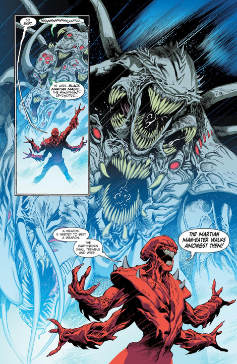 Inexplicable mentions of “magic” and the “Anti-Red” may indicate a tie to Animal Man, but Martians are not usually part of DC’s magic practitioners.